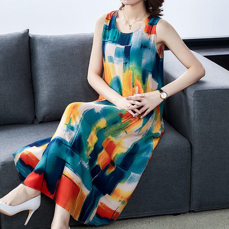 M-XXXXL Summer Ethnic Print Satin Fabric Dress Round Neck Mom Loose Slim Mid-length Vest Skirt Daily