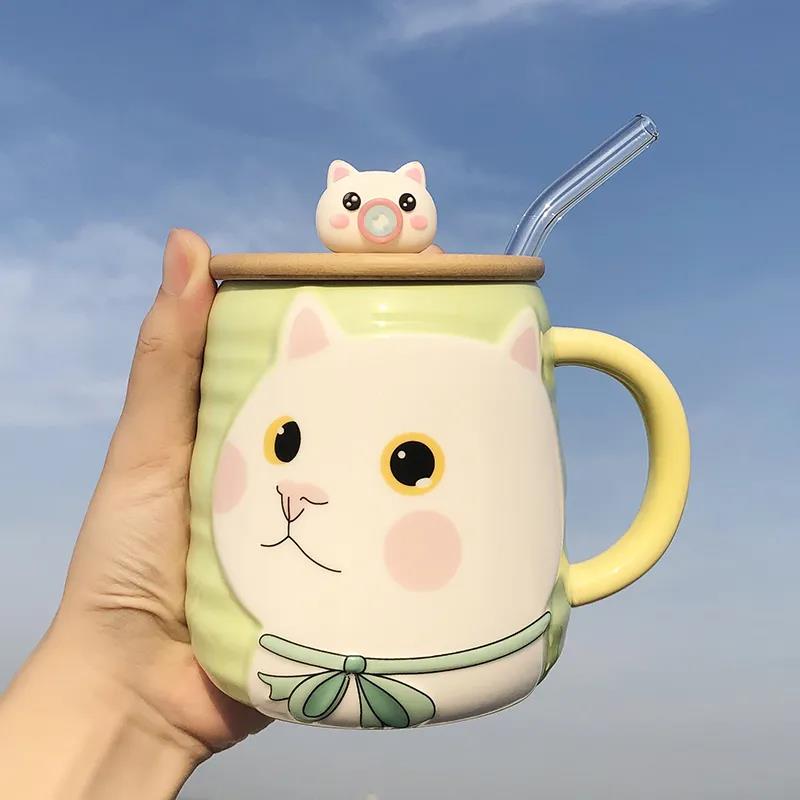 Cute and Cute Ceramic Mug with Lid Spoon Female Student High-value Couple Breakfast Coffee Drinking Cup Ins