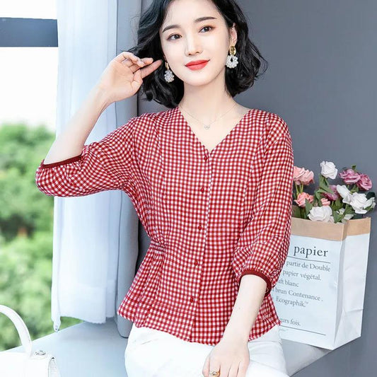 Women's Waist Short Sleeve T-Shirt Summer V-Neck Loose Print Short Top