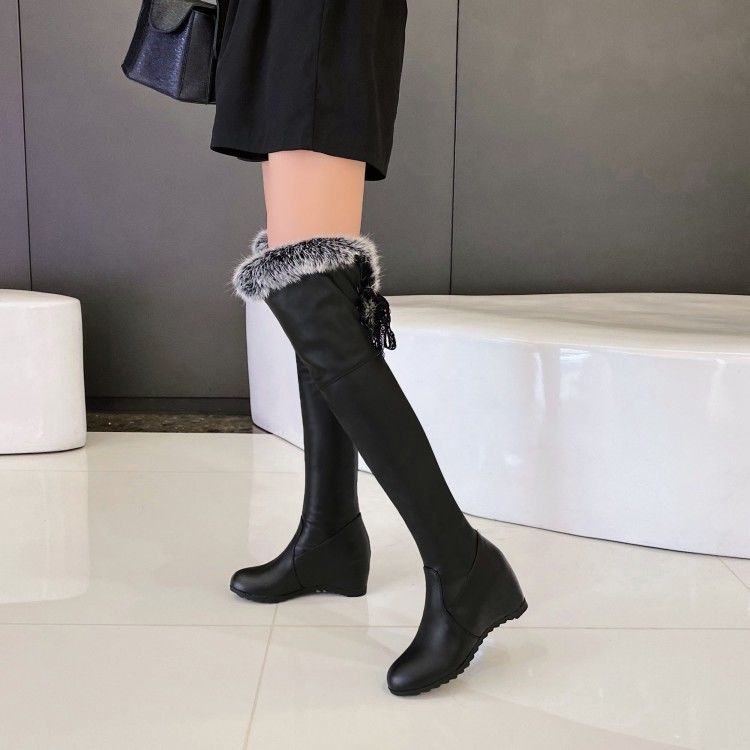 Inner Increased Wedge Over The Knee Boots Women Autumn Winter Snow Boots Stretch High Boots Plus Velvet Leather Thigh High Boots