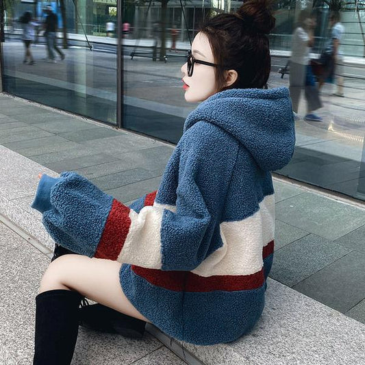 Autumn and Winter Loose Plus Velvet Sweater Women Thick Hooded Blouse