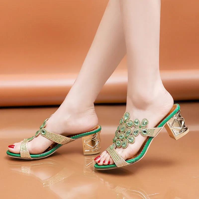 High-heeled Sandals Women's Summer Rhinestones Middle-heeled Square-heeled Colored Diamonds Sandals Fashion Women's Slippers