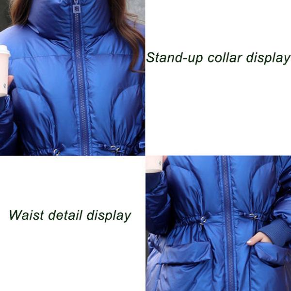 Glossy White Duck Down Jacket Women's Mid-length Loose Padded Jacket Stand-up Collar Bread Jacket