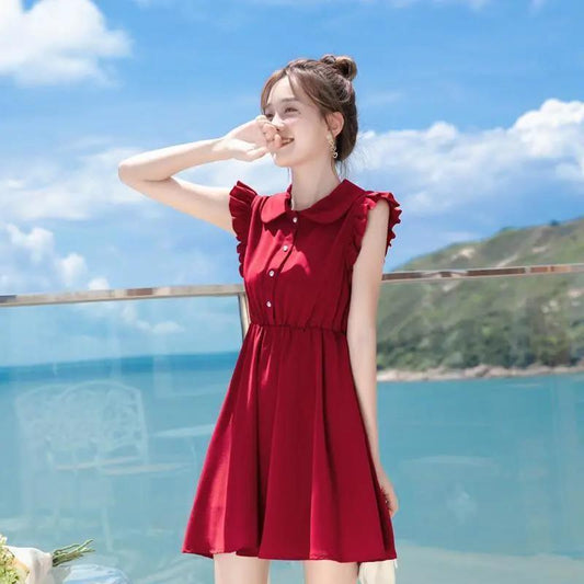 Summer Wine Red Dress Short-sleeved Doll Collar Female Dress Small Short Vest Dress