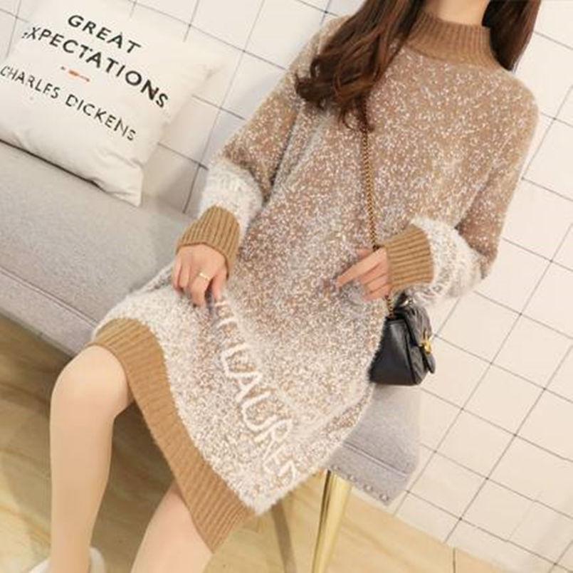Women Cute Stitching Winter Knitted Sweaters Female Loose Long Sleeve Autumn Loose Sweater Dress