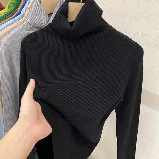 Women Turtleneck Sweater Autumn Women High Neck Knitted Jumper Fashion Pullovers Black White Long Sleeve Slim Knitwear Women Basic Tops Clothes