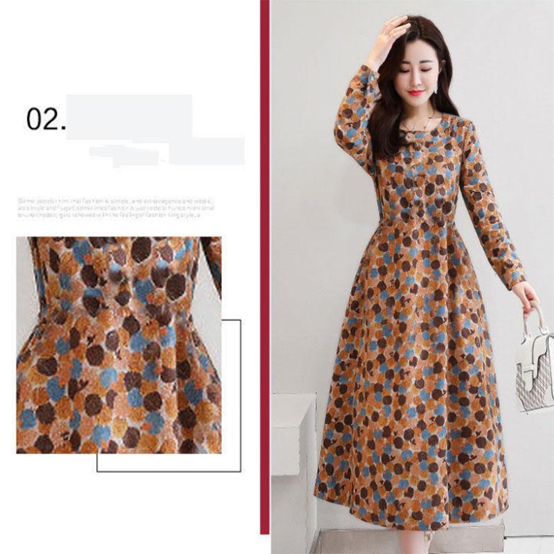 Cotton Long-sleeved Dress Women's Plus Size Women's Mother's Clothing Mid-length Slim Print Casual Long Skirt