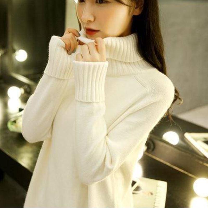 Pofulove Loose Turtleneck Pullover Sweater Women Autumn Winter Solid Color Underwear Shirt Knit Warm