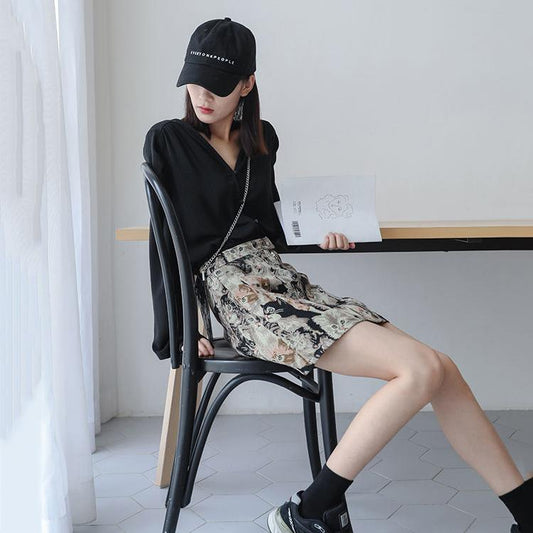 A-line Skirt Embroidered Cat Print Women Sexy Tight Hip Short Skirt Knee-length Zipper Club Home Office Casual