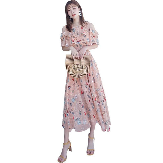 Female Floral Chiffon Medium Length Elegant Slim Super Fairy Gentle Sling Ruffle Pleated Dress