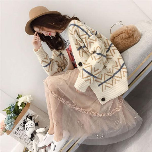 Women Vintage Printed Checked Sweater Cardigan with Pockets Outerwear Casual Thick Knitted Jacket Coat