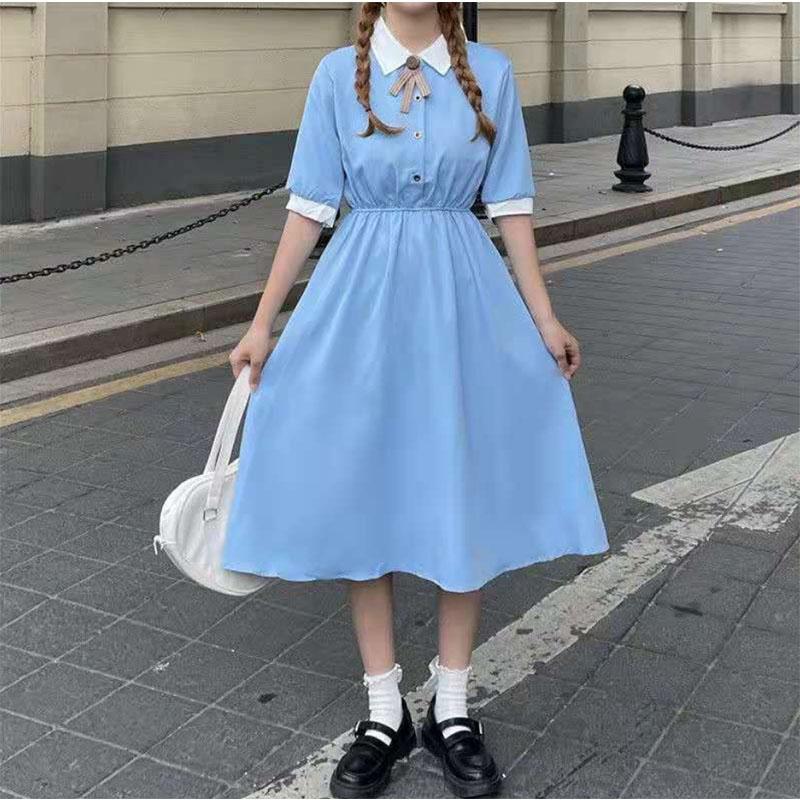 College Style French Retro Slim Waist Temperament Dress Female Student Short-sleeved Mid-length Skirt A-line Skirt