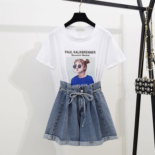 Lace Side Korean High Waist Denim Skirt Half Skirt Spring and Autumn Package Hip A-shaped Skirt Two Pieces