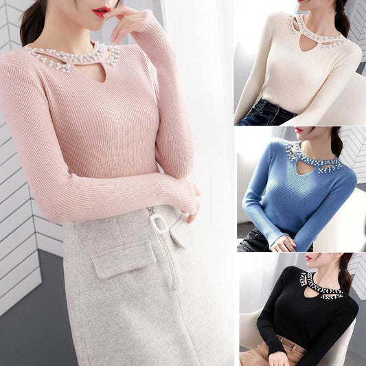 Knitted Beaded Top Women's Sweater Spring Style Slim Fit Bottoming Long Sleeve Sweater