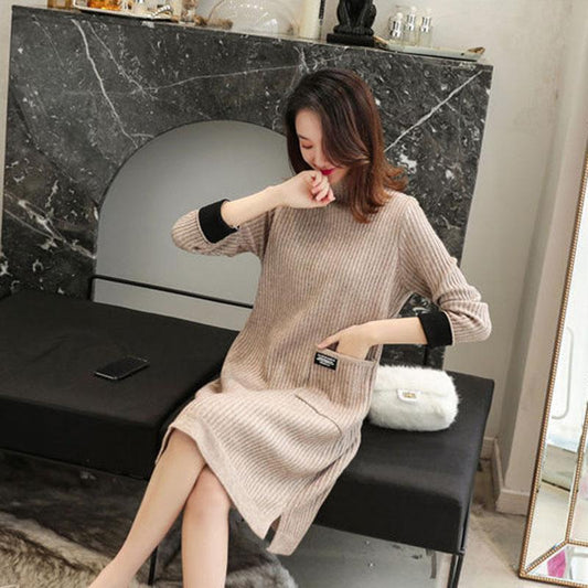 Autumn and Winter Mid-length Sweater Knitted Loose Half Turtleneck Bottoming Shirt Long Sleeve Women's Dress