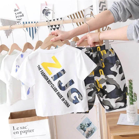 Boys Summer Round Neck Short Sleeves + Elastic Waist Camouflage Pants Suit Boys Casual Short Sleeve Camouflage Suit Handsome Baby Two-piece Suit