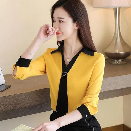 Women's Spring and Autumn Chiffon Shirt T-shirt Large Size Loose V-neck Long-sleeved Top