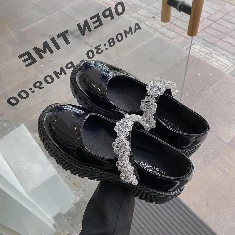 Leather Shoes Women British Style Japanese Black Ice Flower Crystal Thick Bottom Mary Jane Shoes Doll Single Shoes Women's Loafers