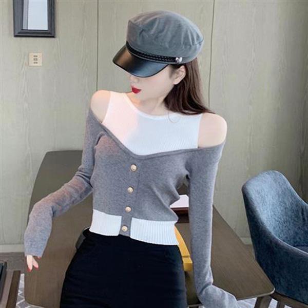 Spring and Autumn Fashion One-shoulder Top Slim Long-sleeved Sexy Sweater Fashion Stitching Strapless Jacket