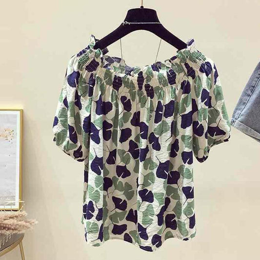 One-shoulder Top Women's Short-sleeved Loose-fitting Belly Slimming Women's Blouse Floral Chiffon Shirt Top Women's Off-shoulder Chiffon Shirt