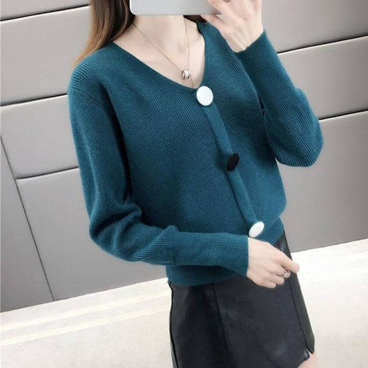 Spring and Autumn V-neck Low-neck Sweater Pullover with Short Bottoming Shirt Casual All-match Female Top