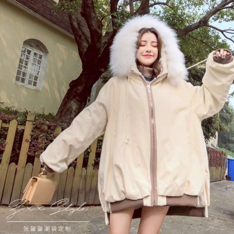 Tooling Padded Jacket Women Winter Korean Mid-length Large Fur Collar Loose BF Thick Plus Velvet Padded Jacket
