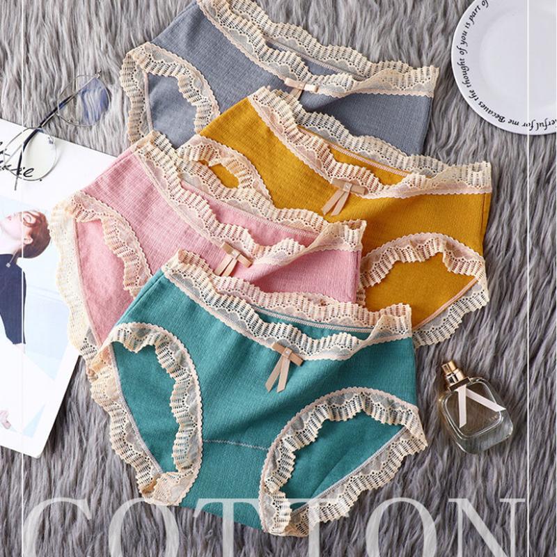 4pc Ladies Panties Cotton Mid Waist Cotton Lace Trim Comfortable Traceless Breathable Briefs Antibacterial