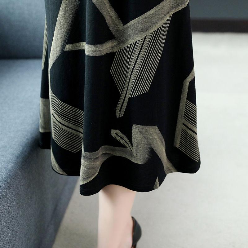 Large Size Long-sleeved Dress Women Spring and Autumn Mid-length Over-the-knee Bottoming Skirt Round Neck Print
