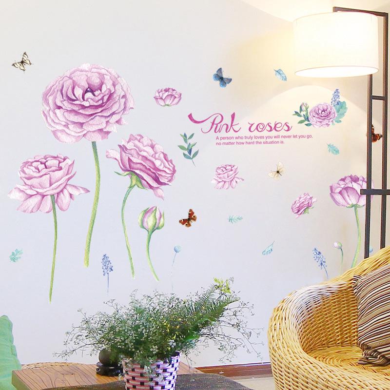 Romantic Pink Rose butterfly Wall Sticker Bedroom Living Room Background Decorative Sofa Removable