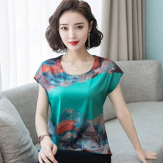 Ice Silk Blouse Women's Short-sleeved Large Size Loose Imitation Silk Small Shirt Summer New Age Reduction Printing T-shirt Women