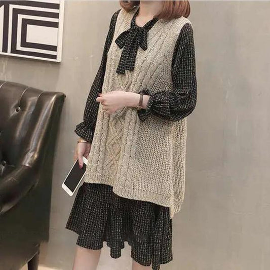Fashion Casual Dark Vest Loose Sleeveless Spring and Autumn Sweater Mid-length Knitted Waistcoat