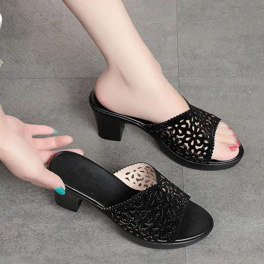 Slippers Women's Rhinestone Hollowed-out Semi-trailer High-heeled Sandals Medium-heeled Women's Shoes All-match Flip-flop Sandals