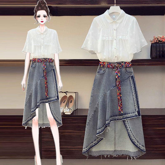 Fashion 2 Piece Set Skirt and Tops Plus Size Women Summer Pleated Short-sleeve Shirt Asymmetric Denim Skirt Two-piece Set