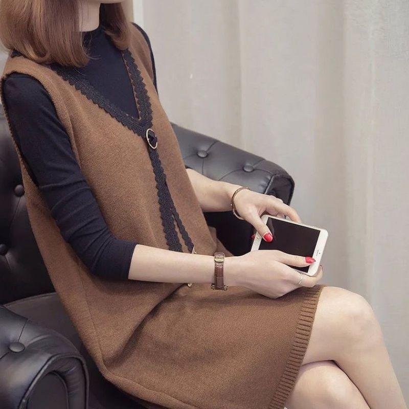 Autumn and Winter Lace Vest Dress Loose Sleeveless Long Vest Fashion Casual Women's Strap Skirt