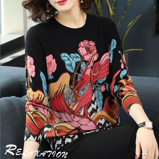Ethnic Style Knit Sweater High-end Loose Printed Cashmere Sweater Bottoming Wool Sweater Short O-neck Knit Jumper