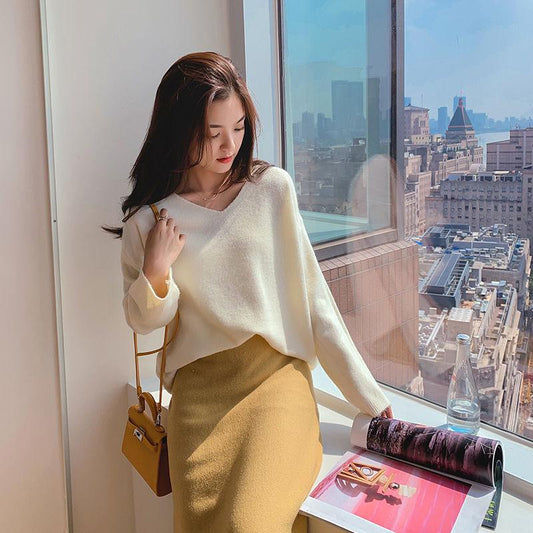 Loose V-neck Sweater Women Pullover Korean Wild Autumn and Winter Candy Color Sweater