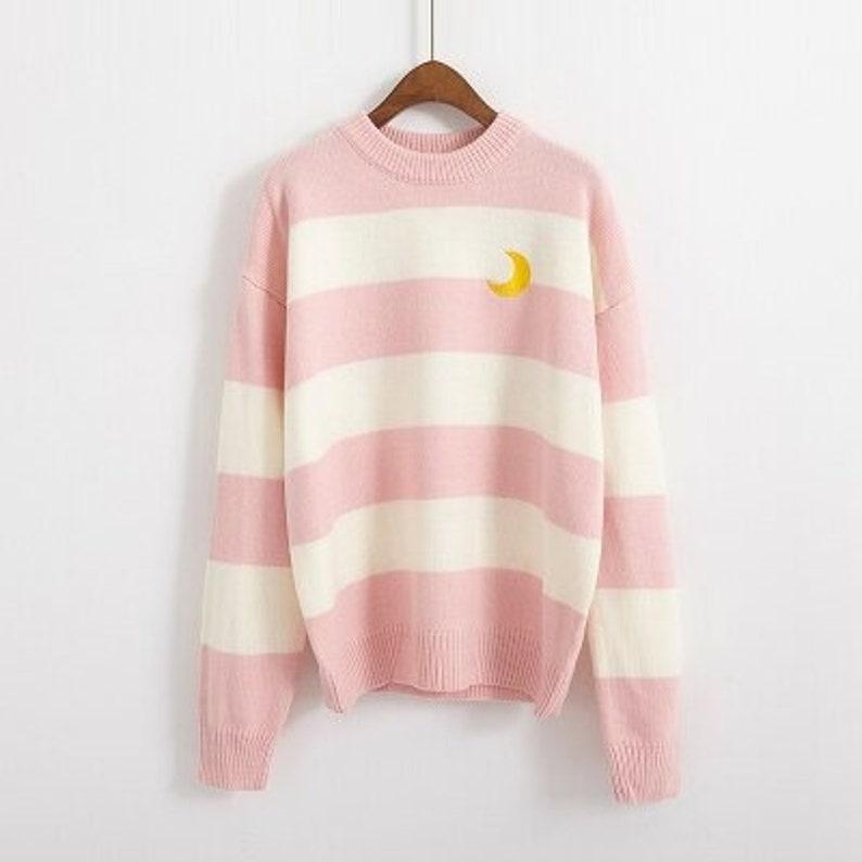 Pastel Lilac Sailor Moon Theme Knit Jumper, Candy Color Stripes Moon Sets Embroidery Sweater Harajuku Clothing, Kawaii Clothing Cute Sweater
