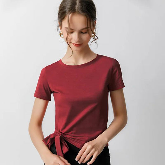 Summer Women's Fashion Irregular Bow Tops Short Sleeve Solid Color Casual Loose T-shirt