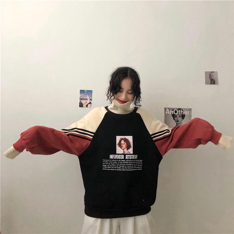 Women Sweatshirts Turtleneck Hooded Printed Knitted Collar Oversized Fashion Winter Pullover Tracksuit Plus Size Loose Casual Sportshirt Top Clothes