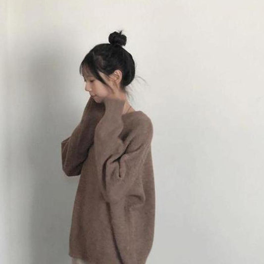 Large Size Sweater Women Korean Version Loose Solid Color Round Neck Pullover Long Sleeve Sweater Top Ins