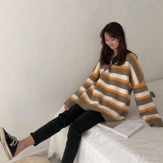 Pofulove Slim Thick Joker Bottoming Sweater Warm sweater Winter New Loose Contrast Striped Sweater