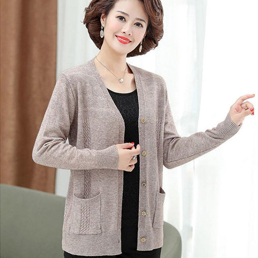 Spring and Autumn Short Knitted Tops Pure Color Casual Tops Simple Middle-aged Ladies Jackets