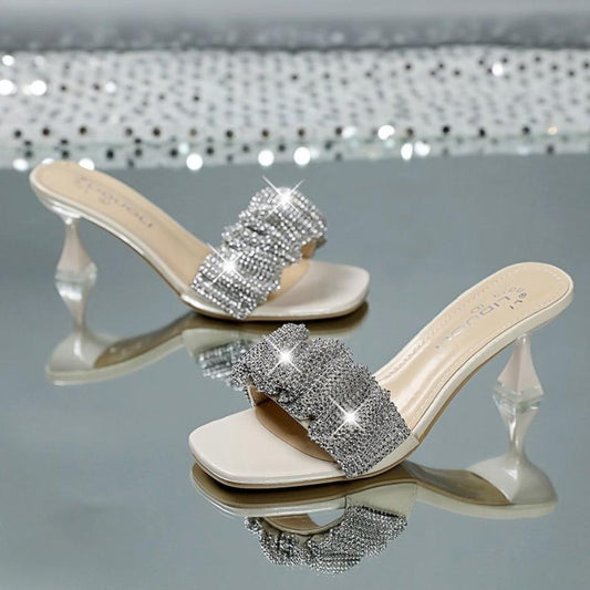 High-heeled Slippers Women's All-match Rhinestone Sandals and Slippers Temperament Stiletto Medium Heel Flip Flops