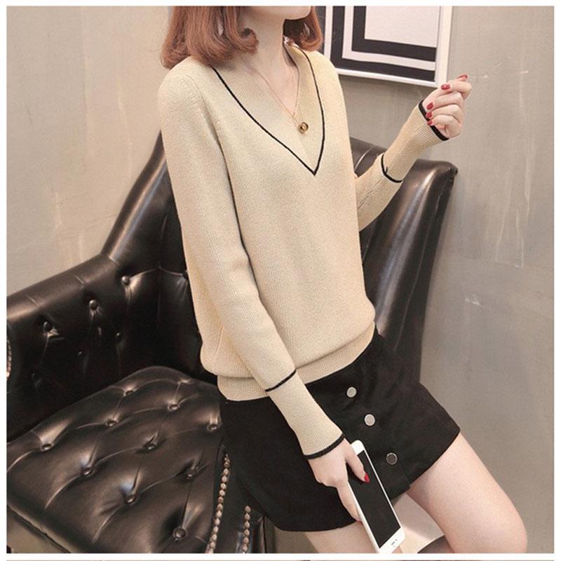 Autumn Women Blue V-neck Pullover Sweater Loose Solid Color Casual Sweater Oversize Pullovers