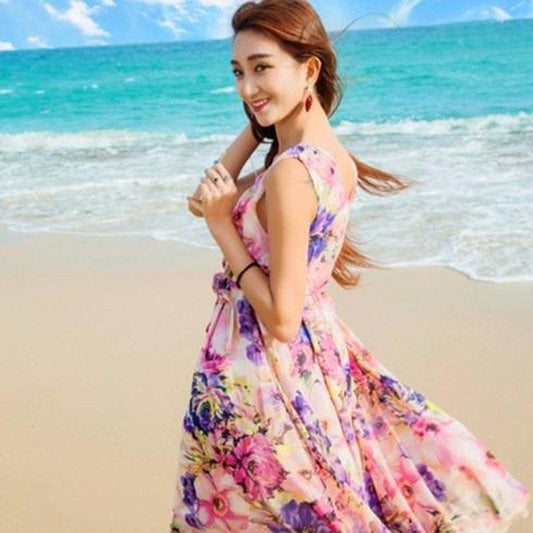 Bohemia Chiffon Printed Dress Midi V-neck Travel Vacation Beach Dress Sleeveless Sundress