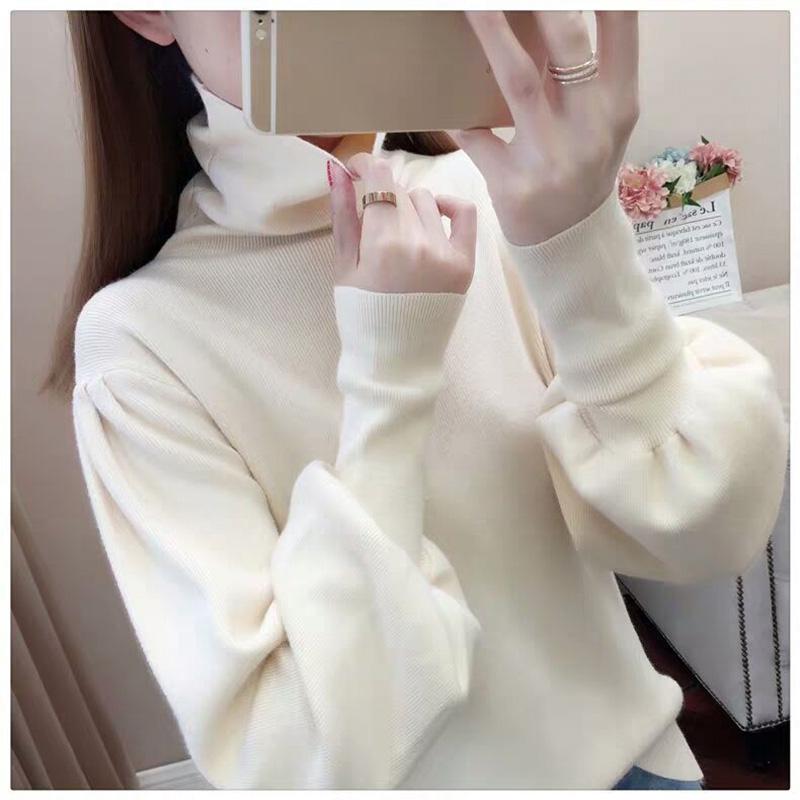 Core-spun High-neck Slim-fit Sweater Women Autumn and Winter Lantern Sleeve Knit Top Fashion Loose Bottoming Shirt Tide