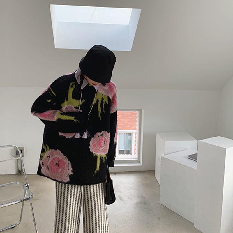 Women's Sweater Loose Outer Wear Autumn Winter Casual Retro Jacquard Mid-length Pullover Knit Top