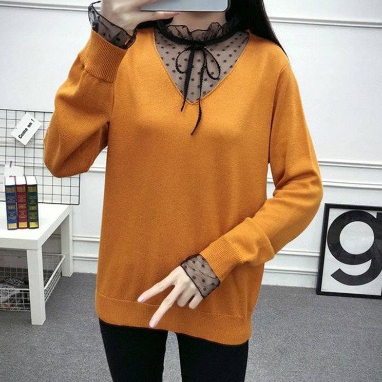 Spring and Autumn Fashion Sweater Lace Stitching Bottoming Shirt Women's Solid Color Long-sleeved Thin Knitwear