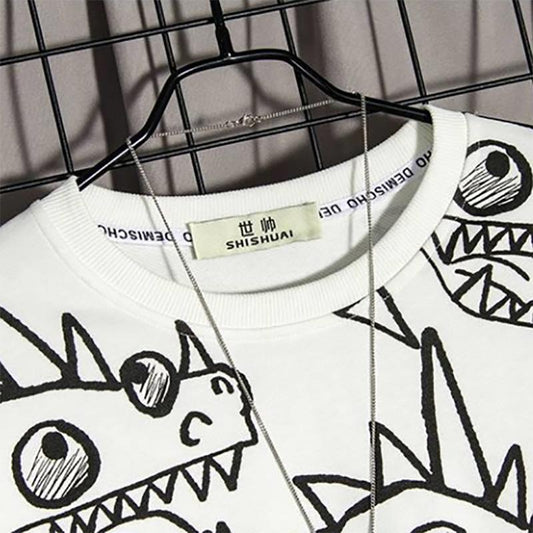 Autumn Sweater Men's Trend Dinosaur Print Loose Round Neck Pullover Long Sleeve Sweatershirts