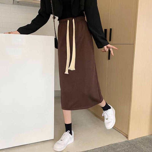 Mid-length Back Slit Skirt Autumn and Winter High Waist A-line Mid-length Bag Hip Skirt Drawstring One-step Skirt Women